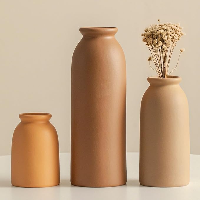 Ceramic Vase Set-3, Small Flower Vases for Decor, Modern Boho Farmhouse Style, Decorative Vases for Pampas Grass & Dried Flowers, Distressed Finish (Earth Tone)