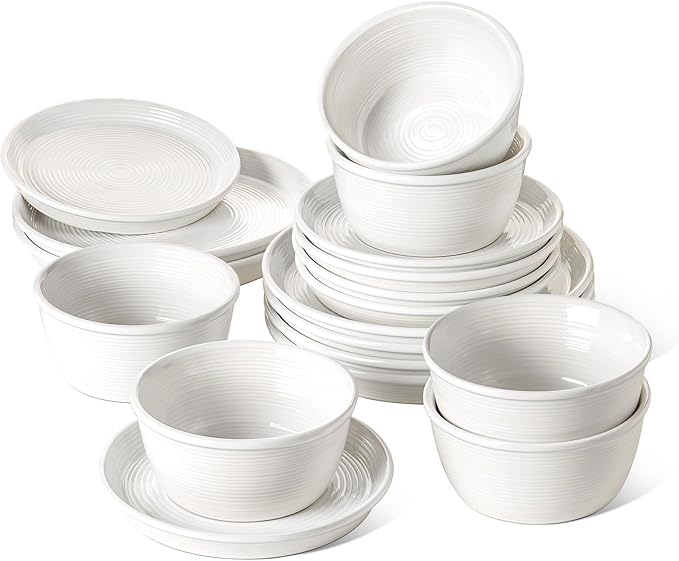 LE TAUCI 18-Piece Ceramic Dinnerware Set, Service for 6 – White Farmhouse Deeper Plates & Bowls (10" Dinner, 8" Salad, 6" Bowls), Stackable, Chip Resistant Stoneware Dishes