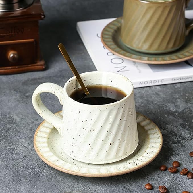 Vintage Ceramic Tea Cup and Saucer Set with Spoon, 10 oz Retro Porcelain Coffee Mug (Cream Fleck)