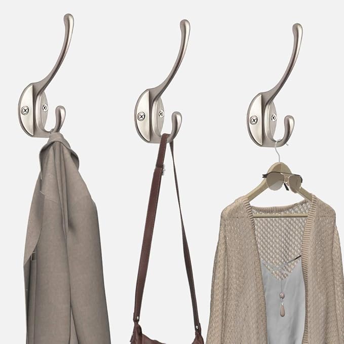 IBosins 10 Pack Heavy Duty Dual Coat Hooks Wall Mounted with 40 Screws Retro Double Hooks Utility Silvery Hooks for Coat, Scarf, Bag, Towel, Key, Cap, Cup, Hat (Silvery)