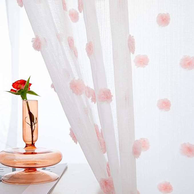 MYSKY HOME Pink Curtains for Girls Bedroom Nursery Pom Pom Curains for Girls Kids Room 63 Inch Long White Sheer Curtains for Dining Room Playroom Rod Pocket Window 38" x 63" 2 Pieces