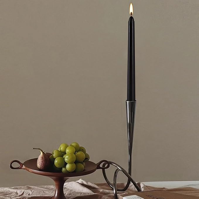 24 Pack Black Taper Candles, 7-8 Hours Burn Time, Unscented, Smokeless and Dripless, 0.75 x 10 Inch Dinner Candle Set for Halloween, Household, Wedding, Party and Home Décor Candlesticks