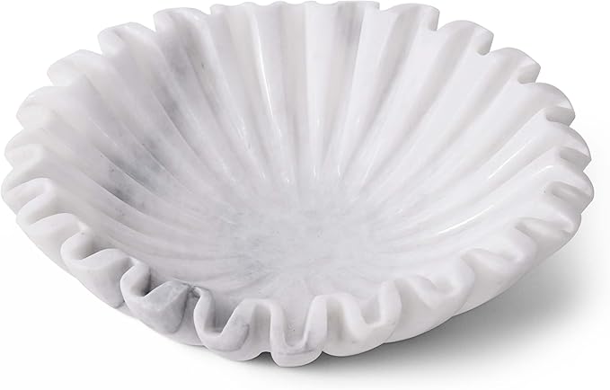 Marble Decorative Bowl 10 Inch Handmade White Fruit Bowl for Kitchen Counter - Large Ruffle & Scalloped Bowls for Dining, Coffee Table Centerpieces & Home Decor