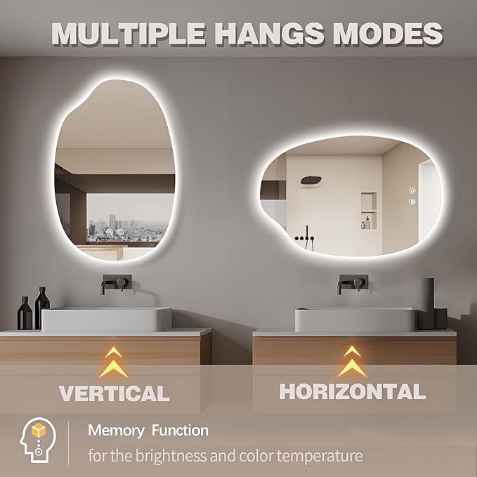 38"x26" Asymmetrical Led Mirror for Bathroom, Irregular Backlit Vanity Mirror with Lights, Frameless Smart Mirror, 3 Colors Stepless Dimmable, Anti-Fog, Memory, CRI95+, Horizontal/Vertical