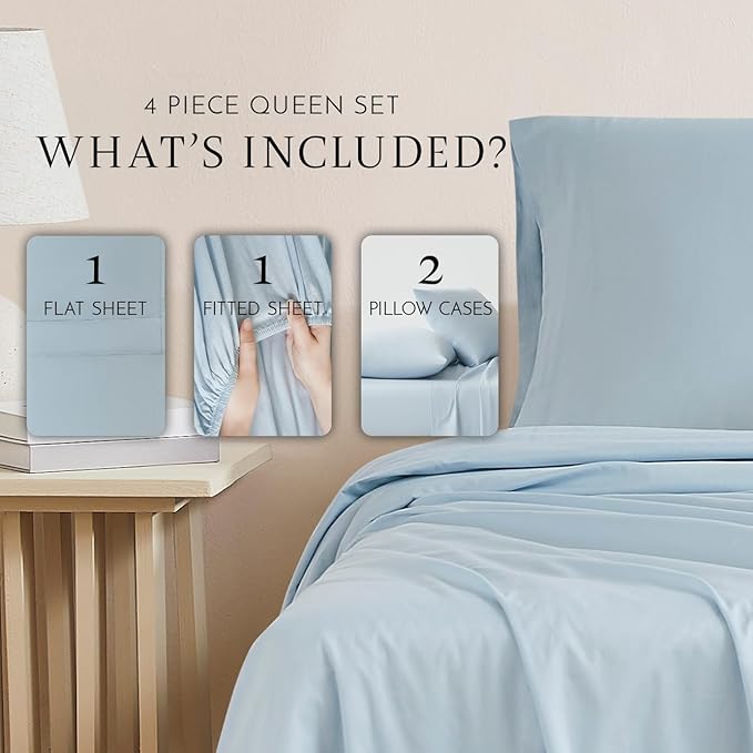 Linen Closet Organic 100% Cotton Queen Sheet 4 Pcs Set, 18” Deep Pocket, Light Blue | Lightweight, Eco-Friendly Cotton, Percale Softness, Durable & Breathable, Naturally Cooling | All Season Comfort