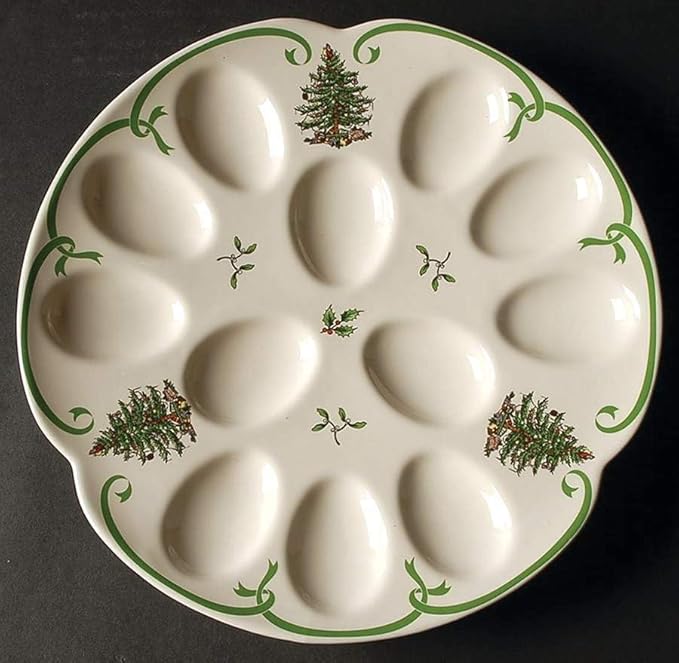 Spode Christmas Tree Deviled Egg Plate, 13 Inch Holiday Egg Serving Platter - Christmas Tree & Mistletoe Motif, Fine Porcelain Tableware, Dishwasher Safe Appetizer Tray, Festive Serveware