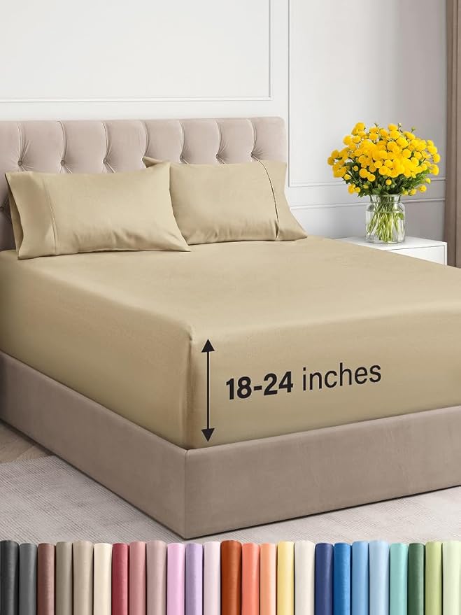 Extra Deep Twin XL Sheet Set - 4 Piece Breathable & Cooling Sheets - Hotel Luxury Bed Sheets Set - Easy & Secure Fit - Soft, Wrinkle Free & Comfy Sheets Set - Beige Sheet Set with Extra Deep Pockets