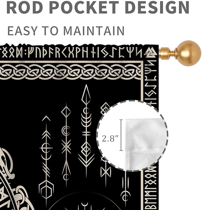 Viking Curtains, Nordic Tree of Life Celtic Rune Scandinavian Gothic Norse Mythology Aesthetic Retro Drapery for Bedroom Living Room Bathroom Window 2 Panel Set, 84"x84" Inch