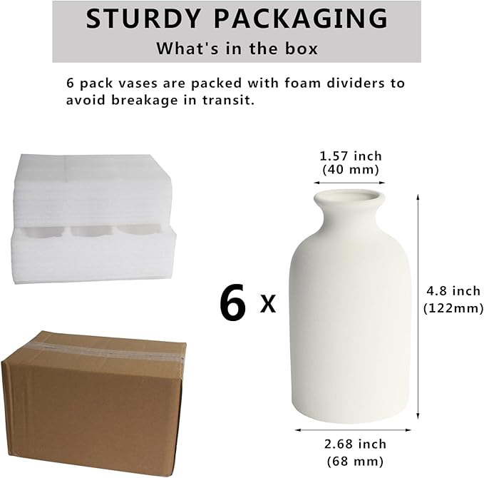 YANLING 6 Pack White Vase Small Ceramic Vases for Decor, White Vases for Flowers Boho Home Decor, Pampas Grass Dried Flowers Vases