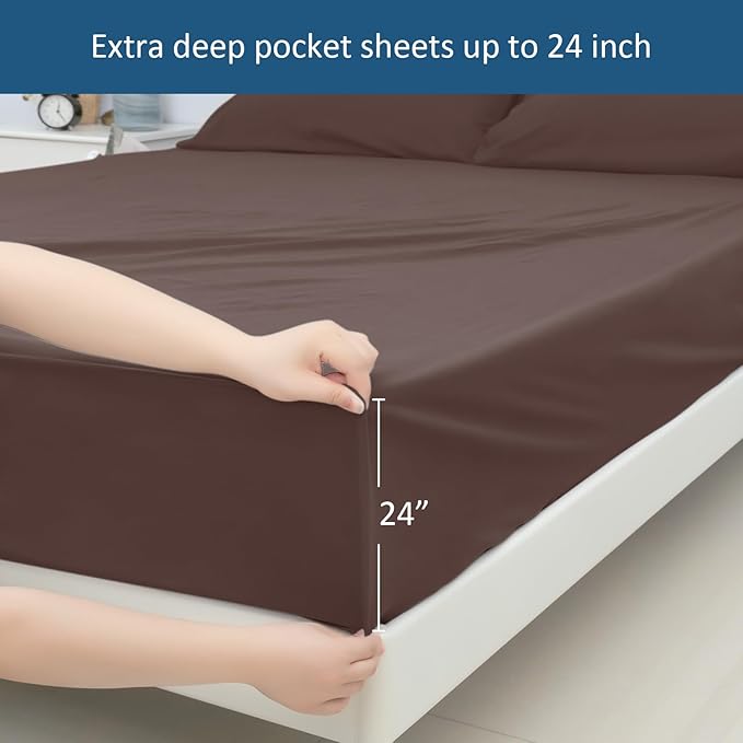 California King Sheet Sets for Air Mattress - Extra Deep Pocket Cal King Sheet Set - 3Pcs Side Storage Pocket Fitted Sheet & Pillowcases Easily Fits 16in to 24in Pillow Top Air Bed Mattress - Brown