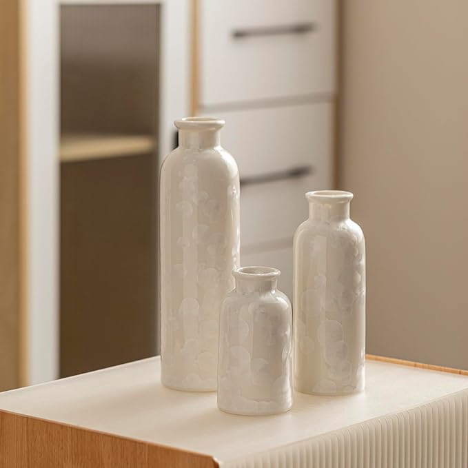 Modern Ceramic Vase Set of 3, Neutral Colors, Decorative Bottles for Home, Farmhouse Rustic Decor (Crystalline Glaze White)
