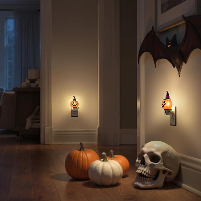 DORESshop Pumpkin Night Light, 3000K Night Lights Plug into Wall,Cute & Funny Halloween Decor Night Light for Kids,Plug in Nightlight with 360° Rotatable, Halloween Party Pumpkin Decor,2 Pack