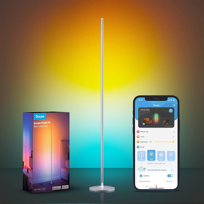 Govee RGBIC Floor Lamp, LED Corner Lamp Works with Alexa, Smart Modern Floor Lamp with Music Sync and 16 Million DIY Colors, Color Changing Standing Lamp for Bedroom Living Room Silver