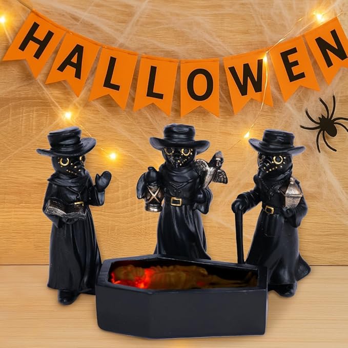 4Pcs Halloween Plague Doctor Figurine with Light-Up Skeleton in Coffin – Mini Gothic Resin Halloween Decorations for Tabletop, Mantel, Indoor Display Gifts for Indoor Home Decor
