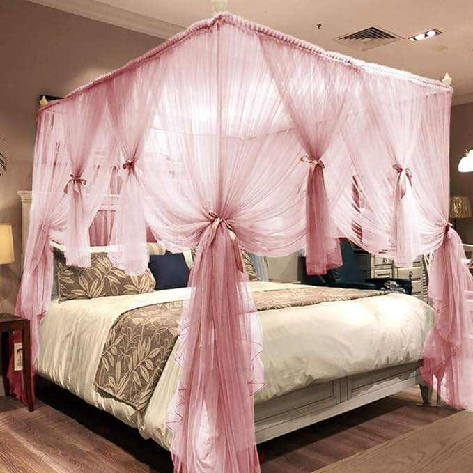 Joyreap 4 Corners Post Pink Canopy Bed Curtain for Girls & Adults - King Size Royal Luxurious Cozy Drape Netting- Cute Princess Bedroom Decoration Accessories