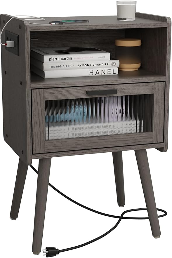Mid Century Modern Nightstand with Charging Station, Bedside Tables with Glass Drawer, End Table Side Table with 2 Tiers Storage Space, for Bedroom, Living Room, Dark Grey