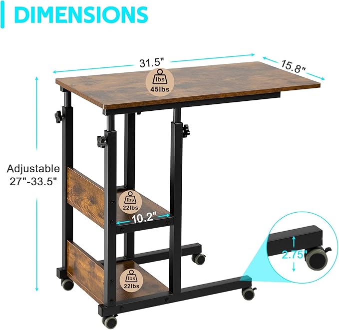 Hadulcet C Shaped Side Table Adjustable, Height Adjustable C Table with Wheels and Storage Shelves for Couch Bed Recliner Rustic Brown