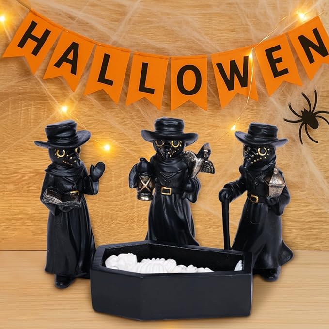 4Pcs Halloween Plague Doctor Figurine with Light-Up Skeleton in Coffin – Mini Gothic Resin Halloween Decorations for Tabletop, Mantel, Indoor Display Gifts for Indoor Home Decor