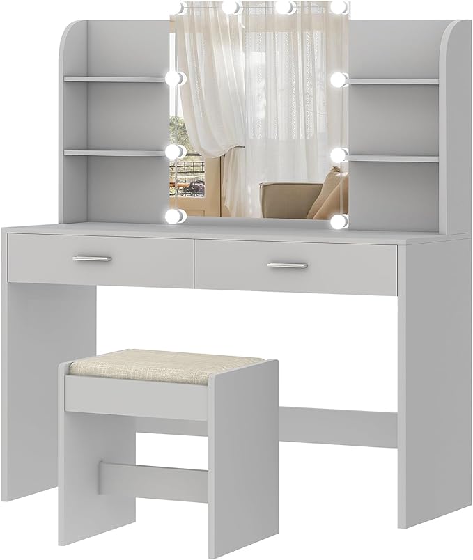 usikey Vanity Desk, Makeup Vanity Table with 10 LED Light Bulbs, Vanity Table, Vanity Desk Set with 2 Drawers, 6 Storage Shelves & Cushioned Stool for Women Girls, Bedroom, Grey