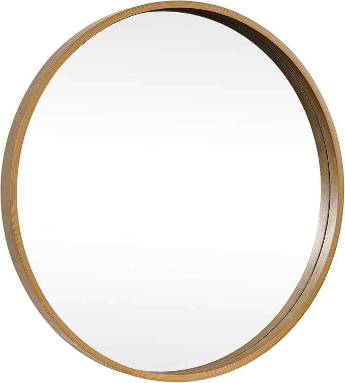 HOMECOOKIN Round Wood Mirror 24 inch Circle Wall Mirror for Bathroom, Vanity, Entryway, Living Room Decor, Natural Wood Accent Mirror