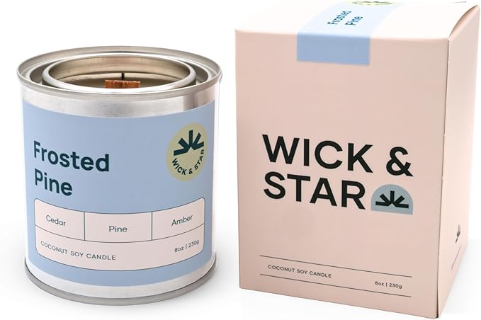 Wick & Star Vegan Non-Toxic, Wood Wick, Natural Coconut Soy Wax Aromatherapy Candle, Clean Burning (Frosted Pine)