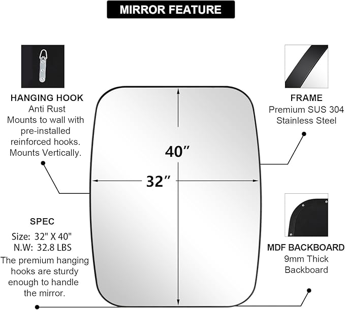 ANDY STAR Black Oblong Mirror, 32x40 Inch Black Oval Mirror for Bathroom with Stainless Steel Metal Frame, Wall Mouned for Bathroom, Living Room, Entryway