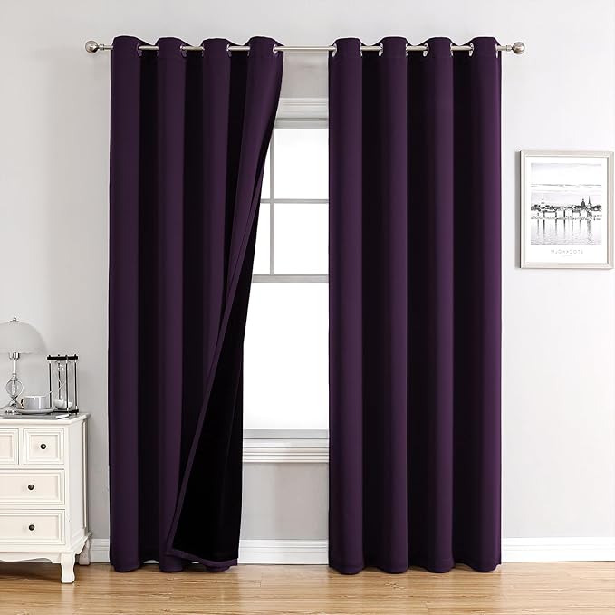 ChrisDowa 100% Blackout Curtains 80 inch Long for Bedroom with Black Liner, 2 Thick Layers Total Blackout Thermal Insulated Grommet Window Curtains 2 Panels Set (Royal Purple, 52 x 80 Inch)