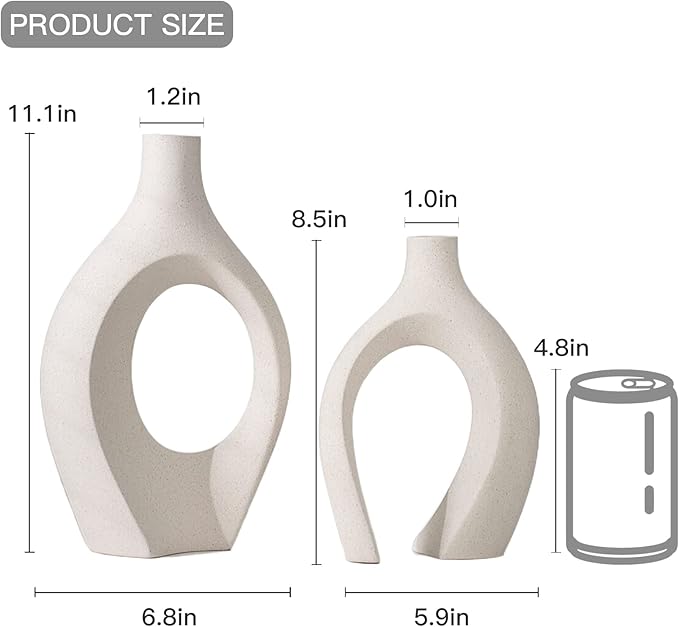 Levvohd XL Beige Ceramic Vase Set of 2 for Modern Home Decor, Eclectic Entryway Modern Boho Hollow Flower Vases for Living Room Bookshelf Dining Coffee Table Centerpiece (W 6.8" X H 11")