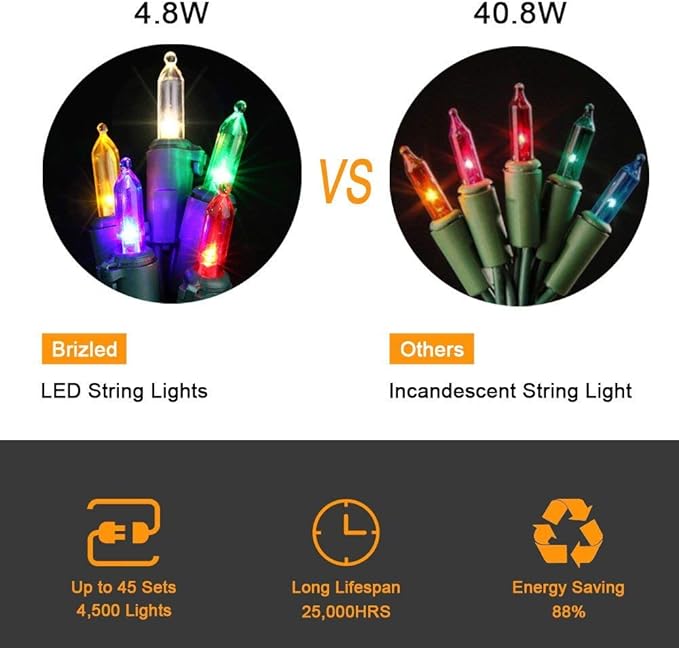 Brizled 4 Pack Color Christmas Lights, 33ft 100 LED Christmas String Lights, 120V UL Certified Multicolor Xmas Tree Light Plugin Mini Xmas Light for Indoor Outdoor Tree Party Home Wedding Decorations