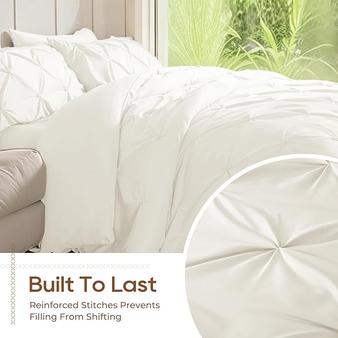 Sasttie Twin Comforter Set, 5-Piece Bed in a Bag, Pintuck Bedding Sets for All Season, Includes Comforter, Flat Sheet, Fitted Sheet, Pillowcase and Pillowsham, Ivory