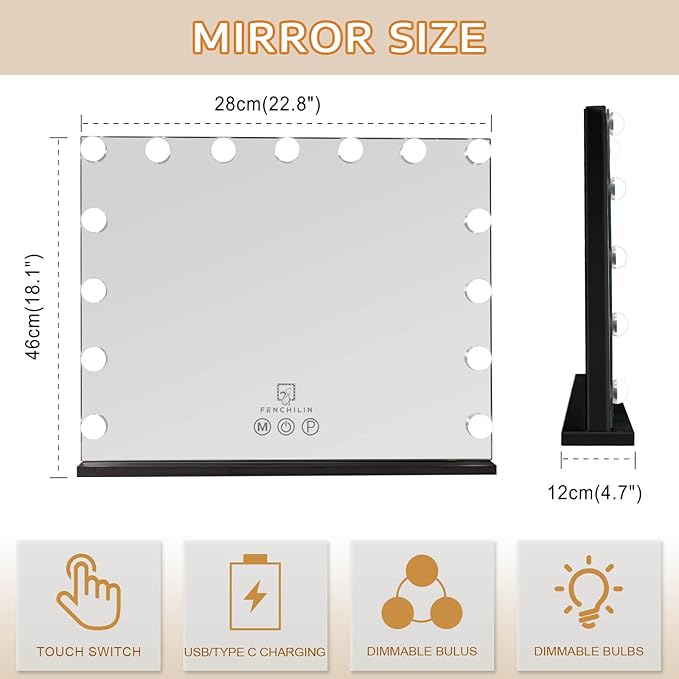 FENCHILIN Vanity Mirror with Lights,Hollywood Lighted Mirror with Dimmer Bulbs, Vanity Makeup Mirror Smart Touch Control (Black)
