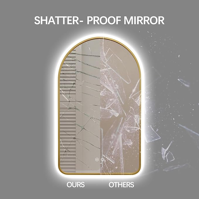 40"x24" Arched LED Bathroom Mirror, Wall Mounted Backlit Mirror with Lights Fog Free Lighted Framed Mirror Smart Anti-Fog 3 Color Temperatures Adjustable Brightness Gold