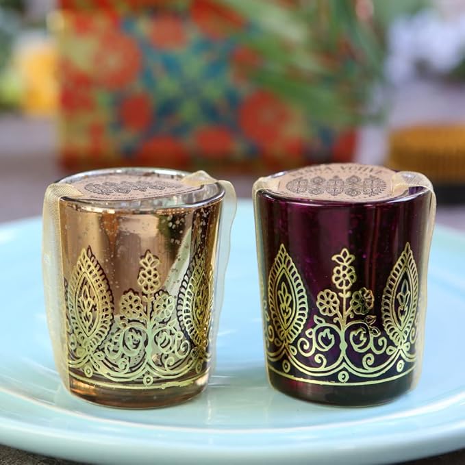 Kate Aspen 20205NA Tealight Henna Glass Votive Candle Holders, Indian Wedding Decorations and Party Favors (Set of 6), Assorted
