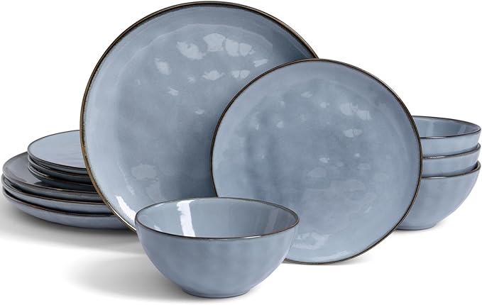 Famiware Dinnerware Sets for 4, Ocean Round 12-Piece Kitchen Plates and Bowls Sets, Reactive Glaze, Microwave and Dishwasher Safe, Scratch Resistant, Blue
