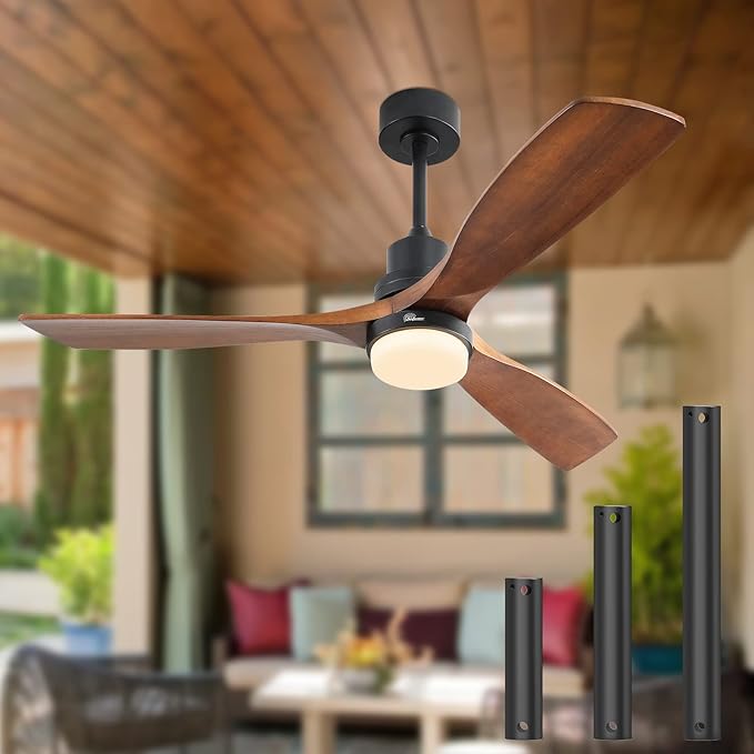 Sofucor 52 Inch Solid Wood Ceiling Fans With Lights, Low Profile Ceiling Fan with Light and Remote, 3 Downrod, Reversible DC Motor, Indoor/Outdoor 3 Blade Ceiling Fan Light for Bedroom Farmhouse Patio