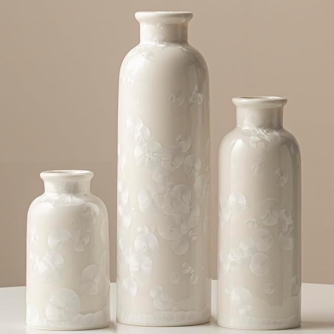 Modern Ceramic Vase Set of 3, Neutral Colors, Decorative Bottles for Home, Farmhouse Rustic Decor (Crystalline Glaze White)