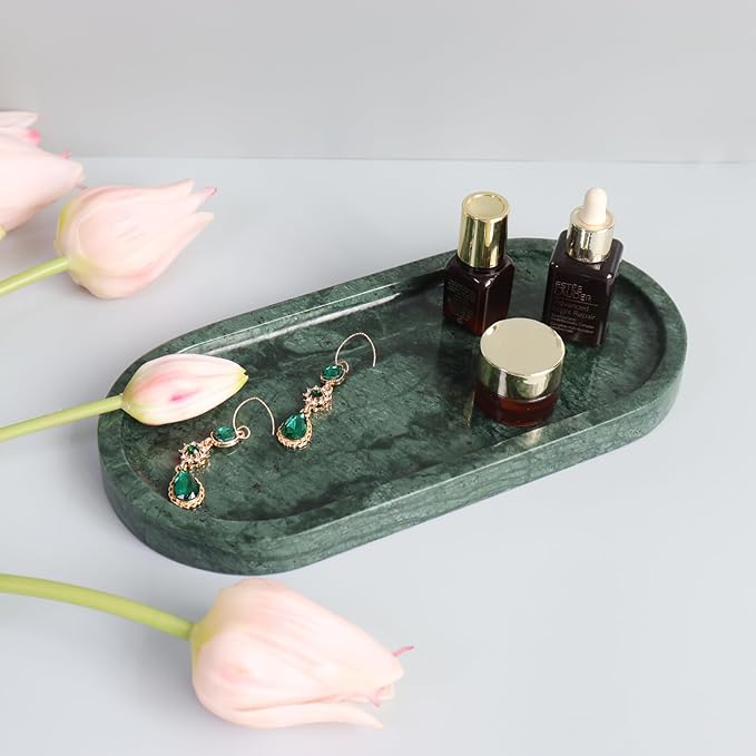 Natural Marble Tray, Oval Vanity Decorative Tray for Bathroom Counter, Countertop Stone Organizer, Catchall Tray for Kitchen, Perfume, Candles, Jewelry Dish Decorative Tray
