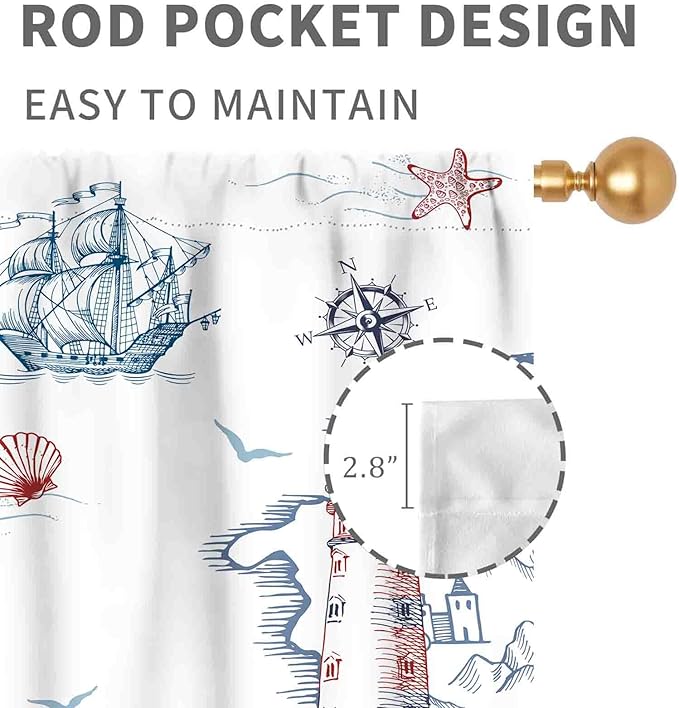 Nautical Curtains, Vintage Marine Coastal Sailboat Compass Anchor Ocean Beach Lighthouse Watercolor Blue Decorative Drapes for Bedroom Living Room Kitchen Bathroom Window 2 Panels, 42"x54" Inch