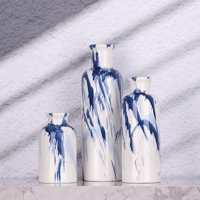 Blue Ceramic Vase Set - 3 Decorative Navy Blue and White Vase for Centerpieces, Farmhouse and Home Decor - Ideal for Living Room, Kitchen, Bedroom, Dining Table and Office Decor
