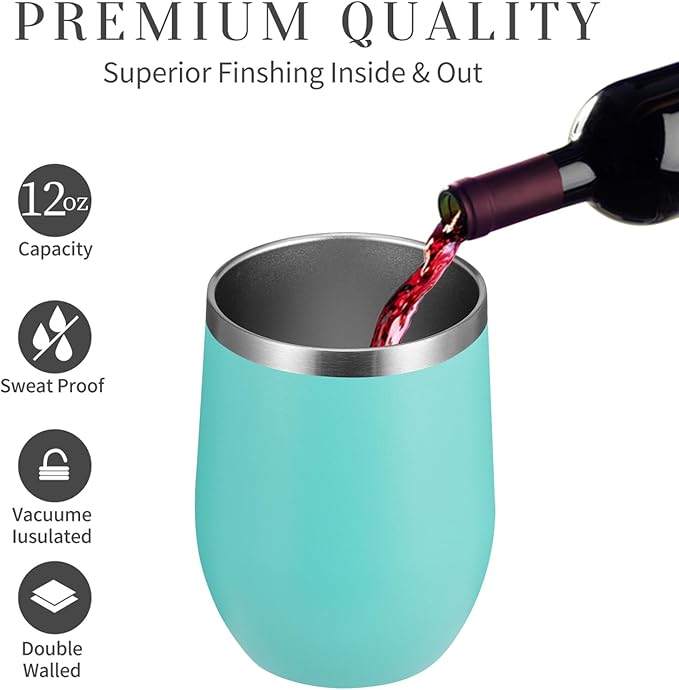 MEWAY 12oz/4 Pack Wine Tumbler Glasses with Lid - Stemless Double Wall Vacuum Stainless Steel Travel Tumbler - Keeping Cold & Hot for Wine,Coffee,Cocktails,Gifts(Light green,Set of 4)