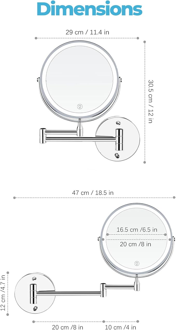 Fab Glass and Mirror Rechargeable 8" Lighted Vanity Makeup Mirror, Dual-Sided 1X/10X Magnification with 3 Color LED Touch Control, Dimmable & Rotating Wall Mounted Design (Black)