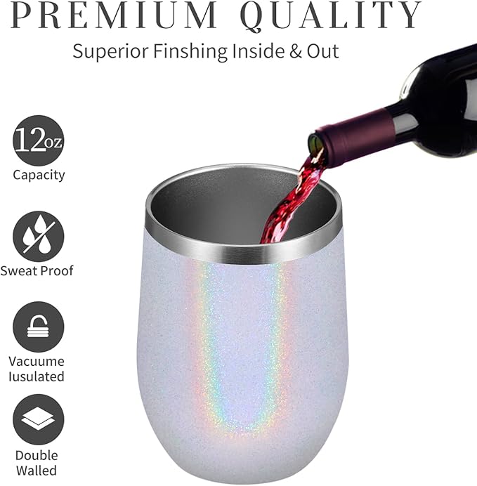 MEWAY 12oz/16 Pack Wine Tumbler Glasses with Lid - Stemless Double Wall Vacuum Stainless Steel Glitter Tumbler - Keeping Cold & Hot Cup for Coffee,Gift for Women(Rainbow White,Set of 16)