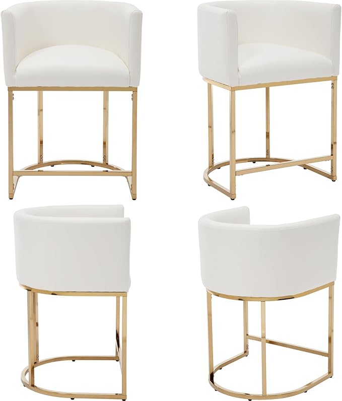 Modern Counter Height PU Leather Upholstered Bar Stools Set of 4, 24" Kitchen Counter Island Stools Bar Chairs with Gold Metal Frame, White