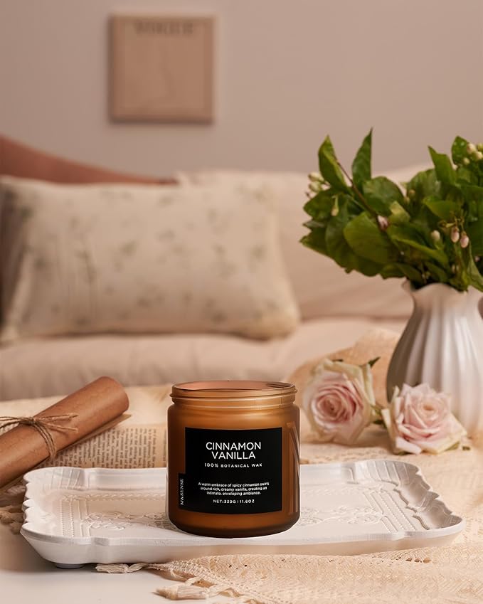M&SENSE Cinnamon Vanilla Fall Scented Candles for Home, Natural Soy Wax 11.6oz 70 Hours Large Long Lasting Strong Scented Classic 2 Wicks Jar Candle Gift for Housewarming