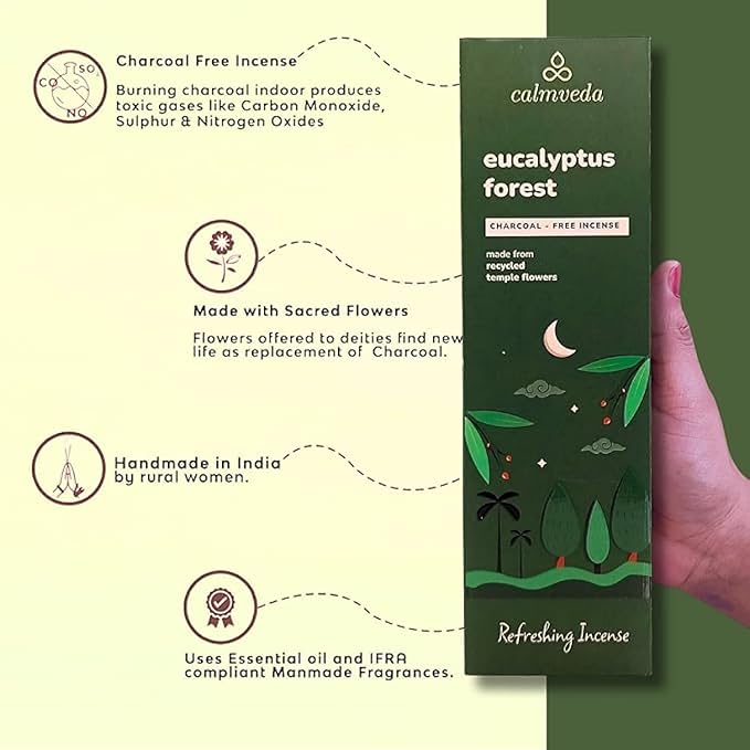 Forest Eucalyptus Incense Sticks - 80 Charcoal Free Incense Sticks, Made from Upcycled Flowers | Crisp, Refreshing Aroma of Rainforest, Transports You to Eucalyptus Forest