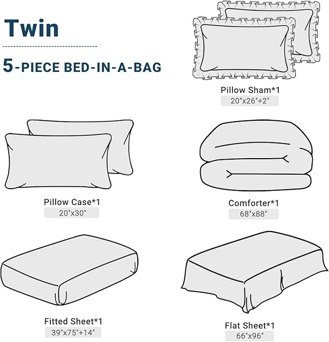 JOLLYVOGUE Teal Twin Size Comforter Sets 5 Pieces, Pintuck Bed in a Bag Comforter Set for Bedroom, Bedding Comforter Sets with Comforter, Sheets,Ruffled Shams & Pillowcases