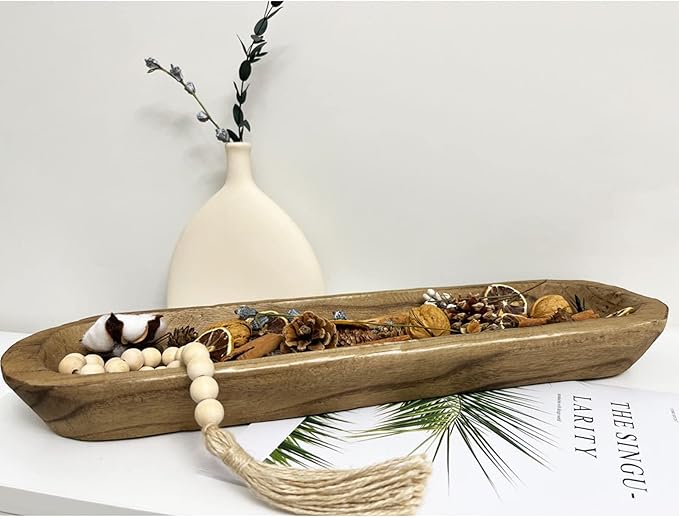 Wooden Dough Bowls for Decor, Vintage Wooden Bowl Hand Carved Home Decor for Dining Table Center, Living Room, Kitchen Decor. (20in Brown)