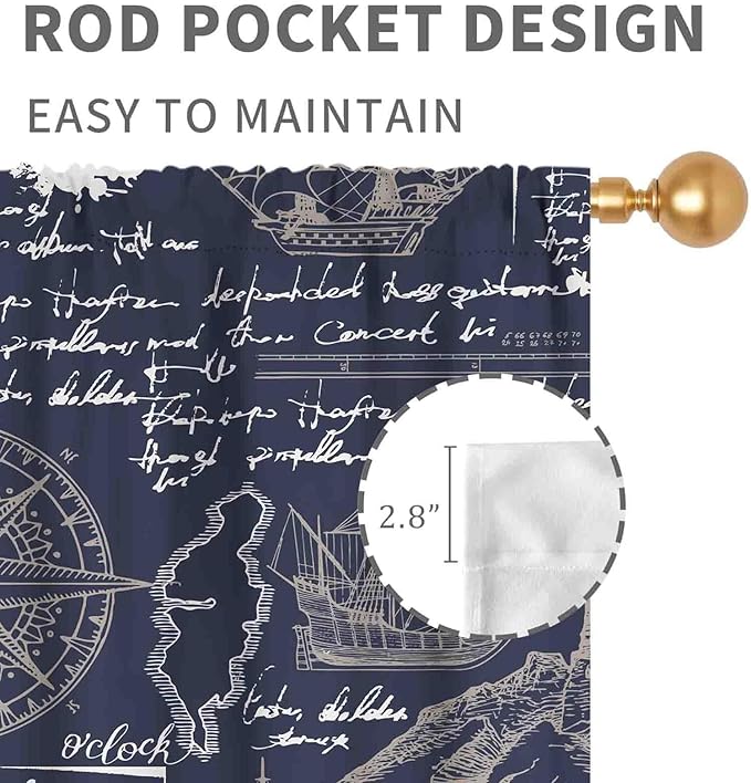 Vintage Nautical Curtains, Marine Coastal Sailboat Compass Anchor Ocean Beach Old Pirate Map Navy Blue Blackout Retro Drapes for Bedroom Living Room Kitchen Bathroom Window 2 Panels, 63"x72" Inch