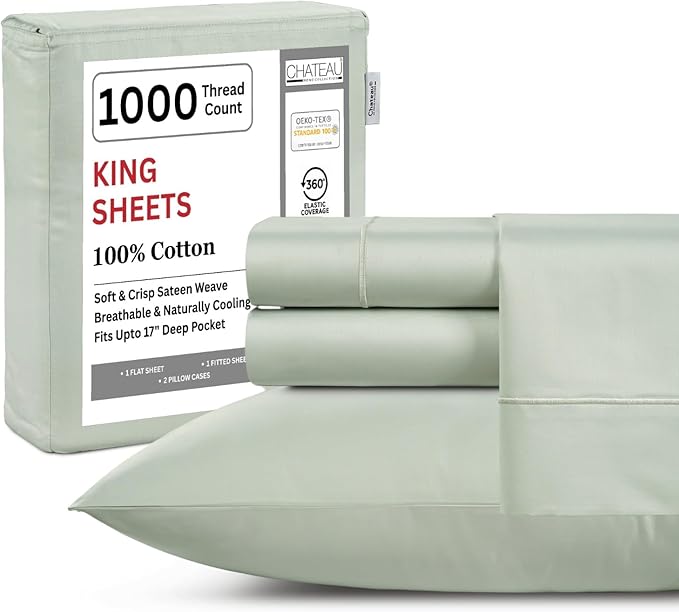 King Bed Sheets Deep Pocket King Sheet Set, 1000 Thread Count Long Staple Fully Elasticated 100% Cotton Sheet & Pillowcase sets, Machine Wash No Pill Naturally Breathable Cotton Bedding- Mineral