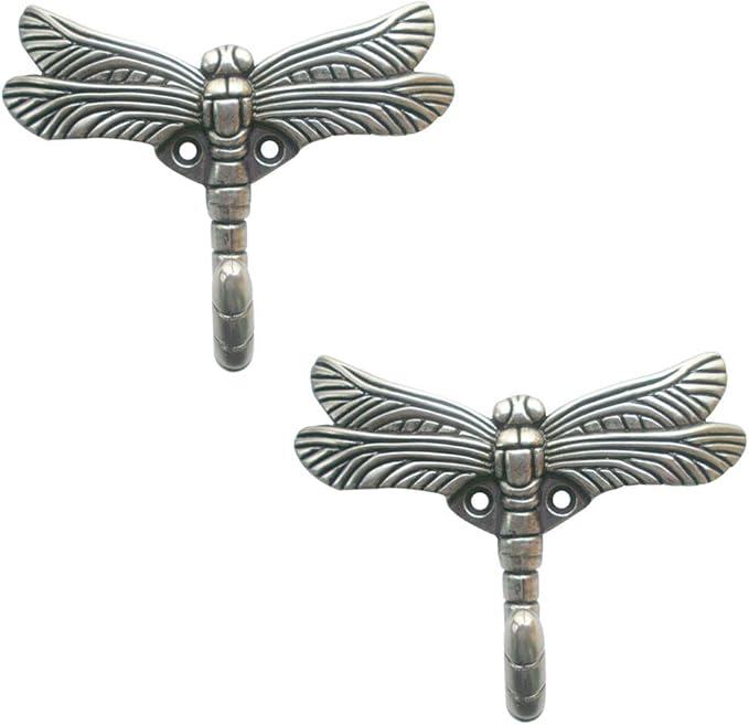 2pcs Dragonfly Coat Hooks Decorative Creativity Wall Mounted Hanger Hook for Home Handbag Key Towel Bathrobe (Ancient Silver)